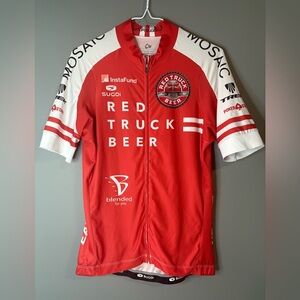 SUGOI size M Red and White Cycling Jersey with logos, spandex blend, triathalon